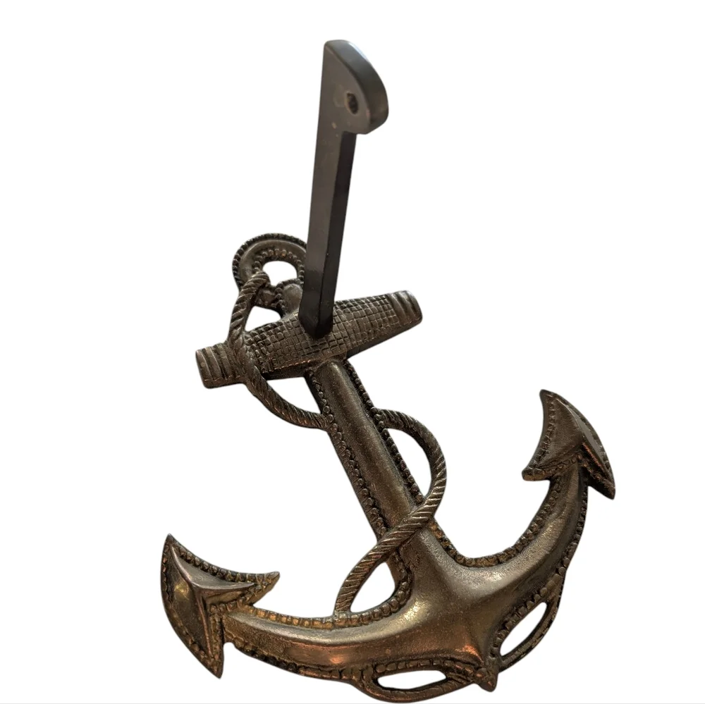 Vintage Large Cast Brass Anchor With Rope, Nautical Wall Mount. 7.5